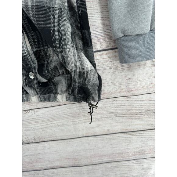 Maniere De Voir Split Flannel Fleece Hoodie Womens 8 Gray Black White Drawstring - Picture 8 of 12